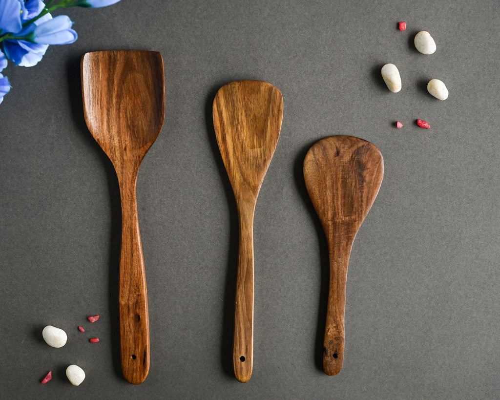 FLAT WOODEN COOKING SPOON (SET OF 3 ) - SanskrutiHomes 