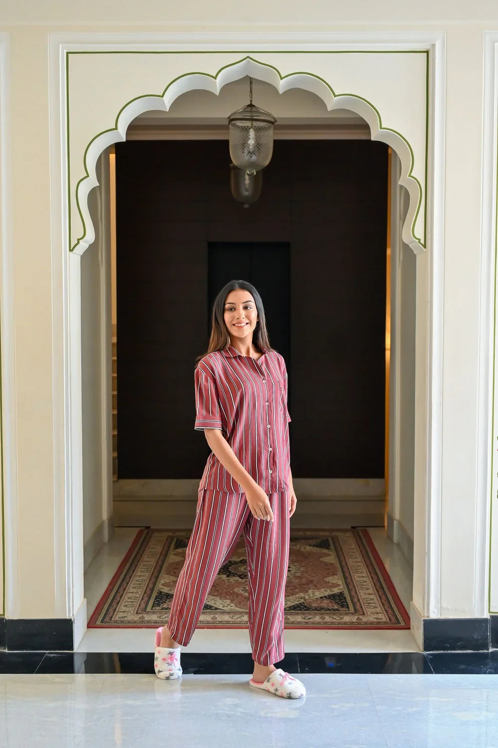 Maroon Rayon Crepe Printed Night Suit Set with Payjama - SanskrutiHomes 