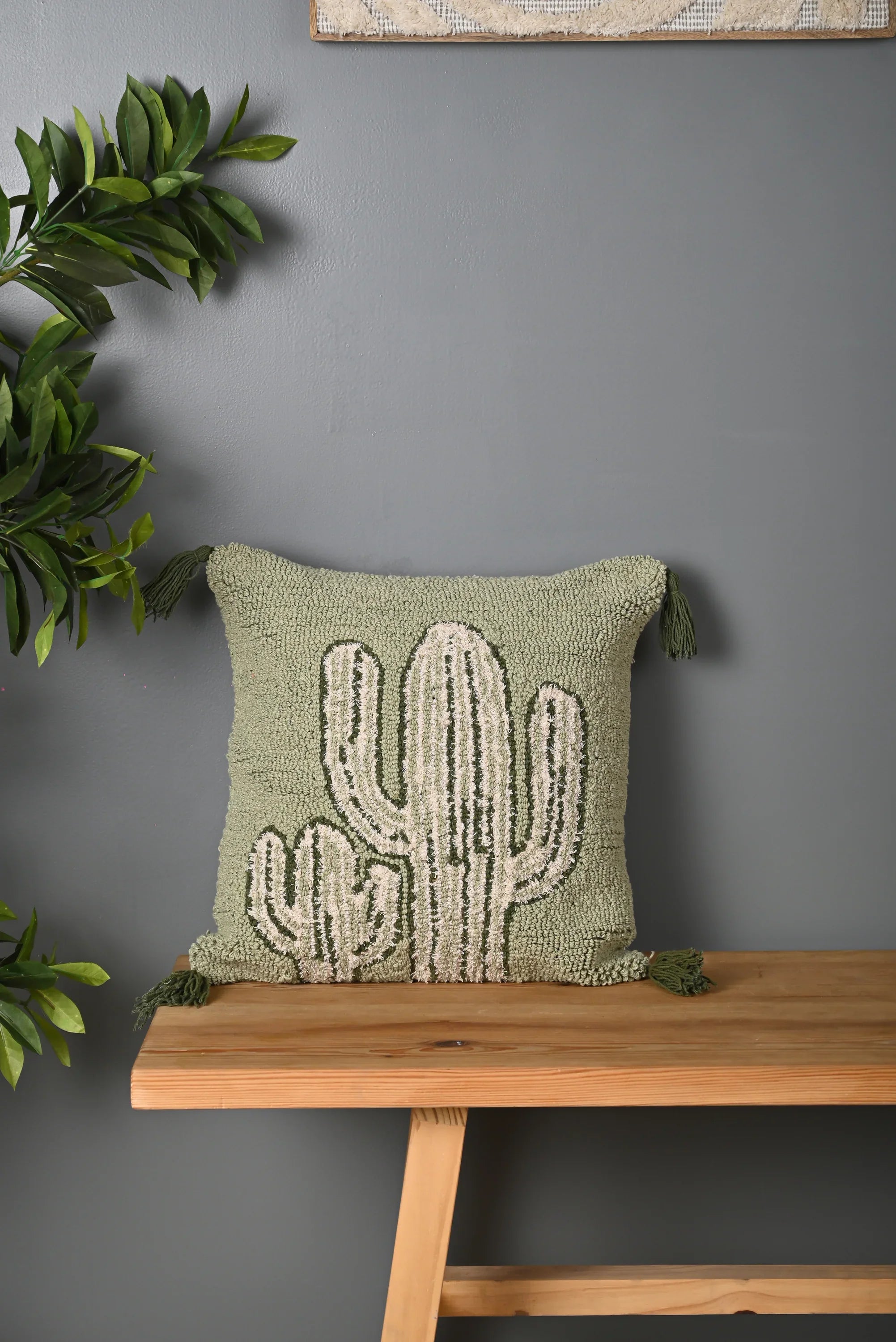 Green Truffted Cactus Design Cushion Cover - SanskrutiHomes 