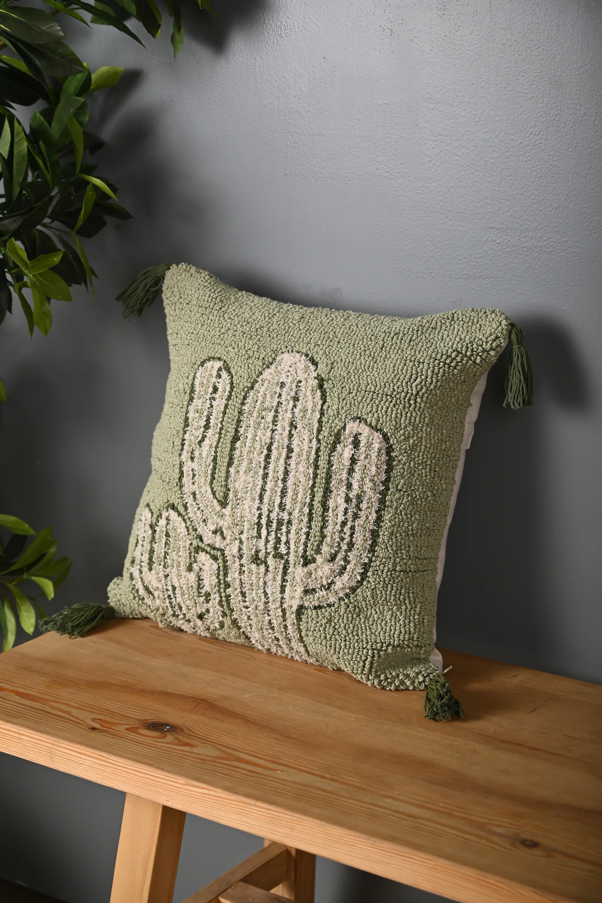Green Truffted Cactus Design Cushion Cover - SanskrutiHomes 