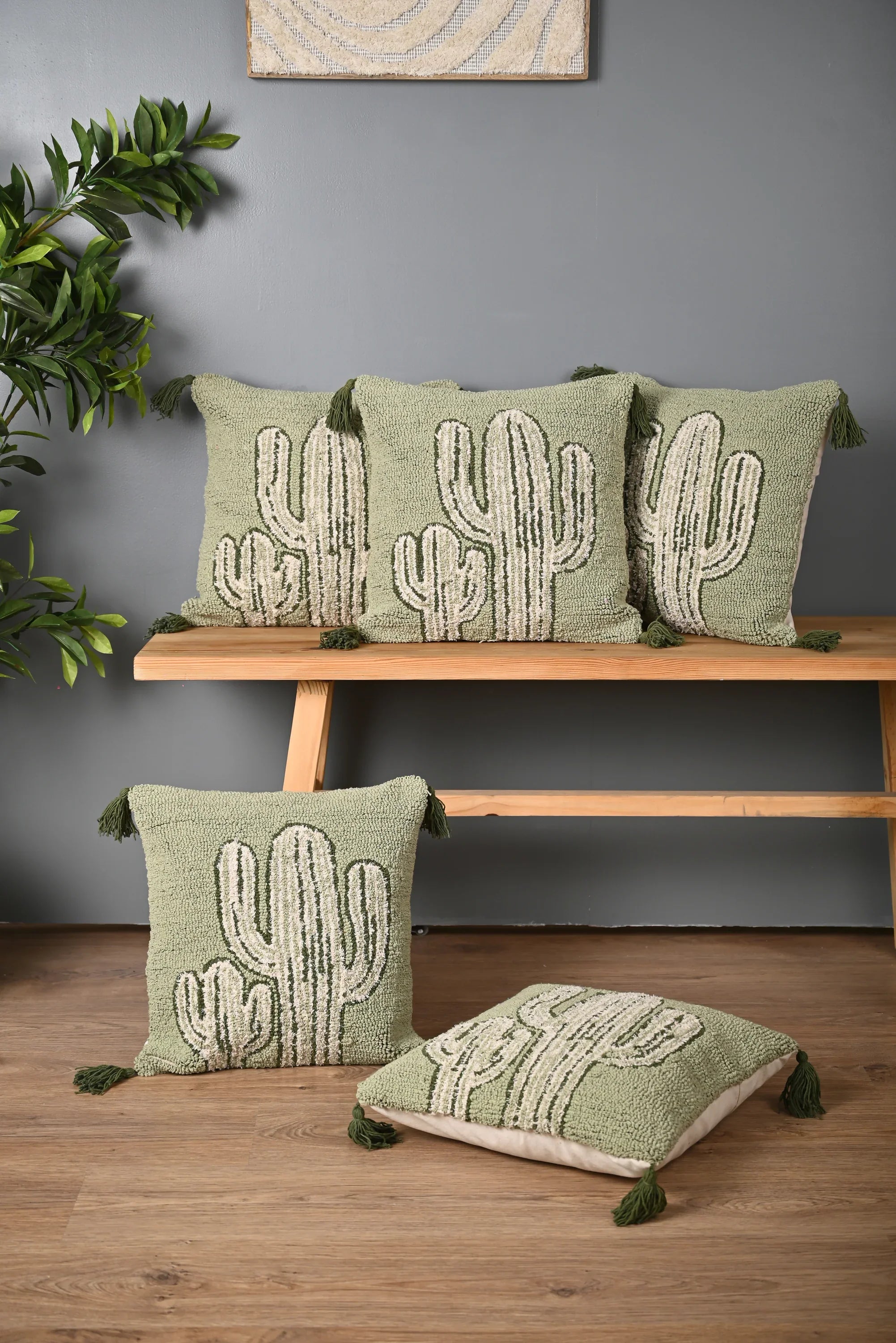 Green Truffted Cactus Design Cushion Cover - SanskrutiHomes 