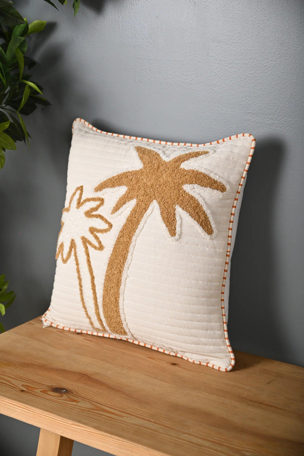 Beige Coconut Tree Design Truffted Cushion Cover - SanskrutiHomes 