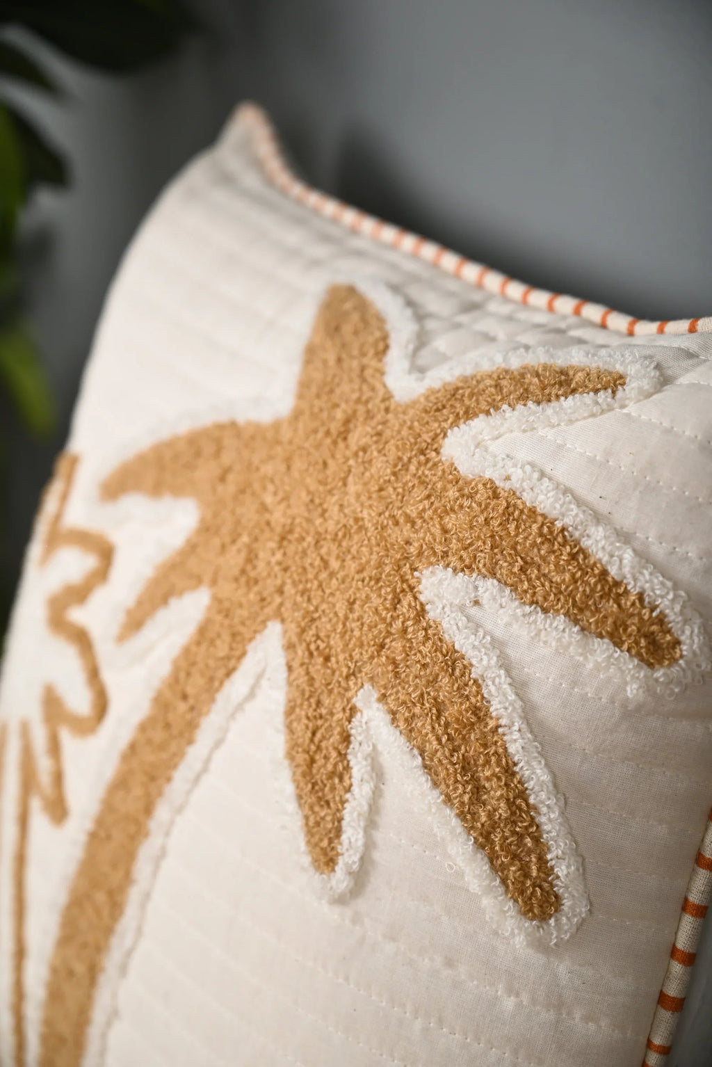 Beige Coconut Tree Design Truffted Cushion Cover - SanskrutiHomes 