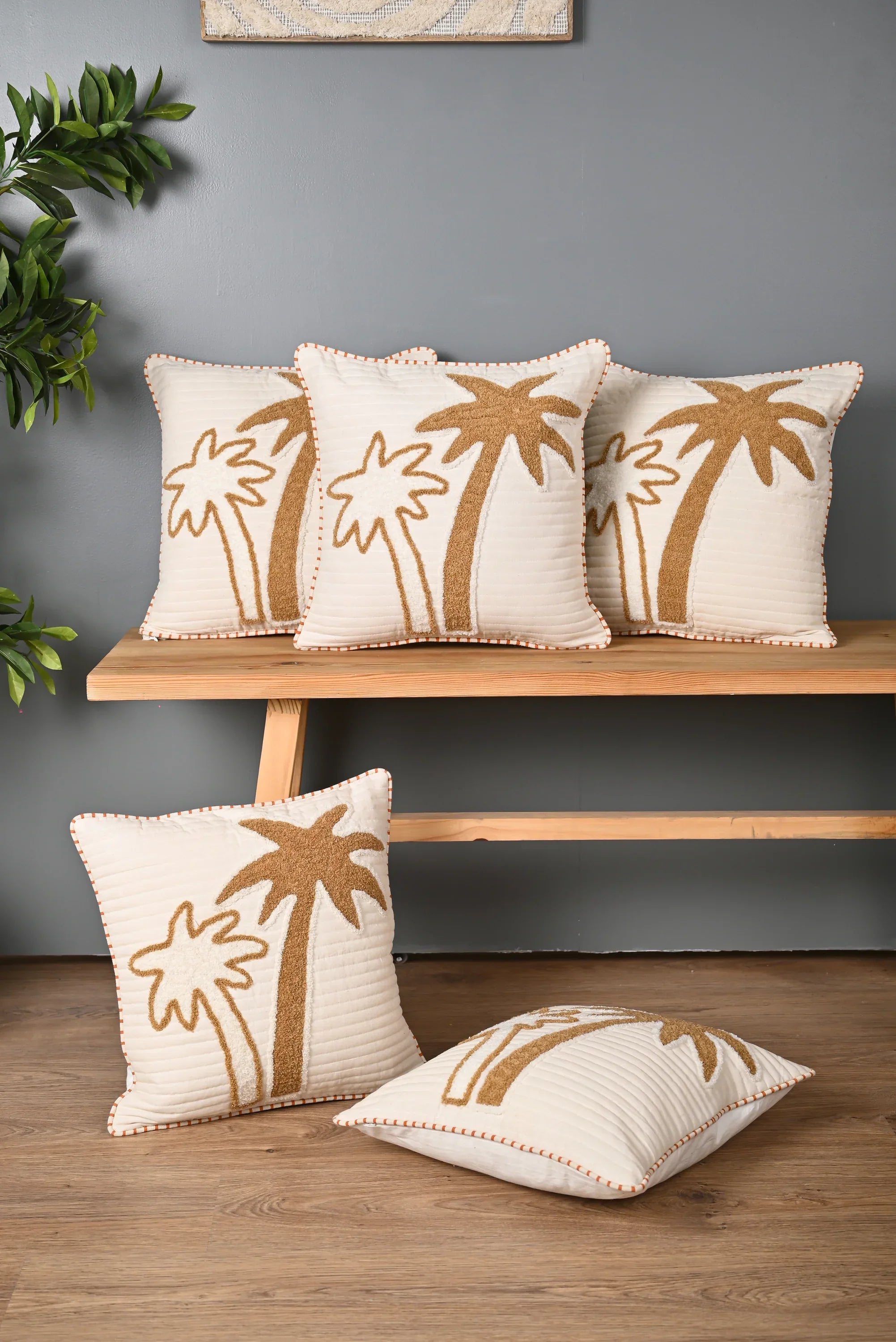 Beige Coconut Tree Design Truffted Cushion Cover - SanskrutiHomes 