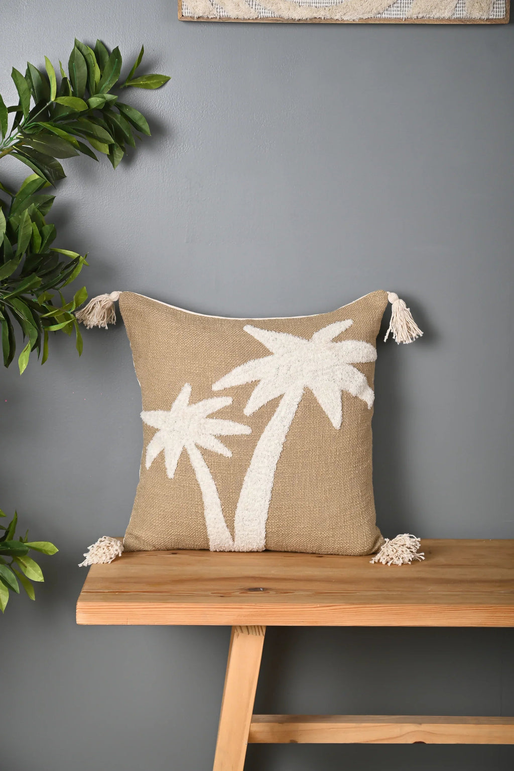 Beige Truffted Coconut Tree Design Cushion Cover - SanskrutiHomes 