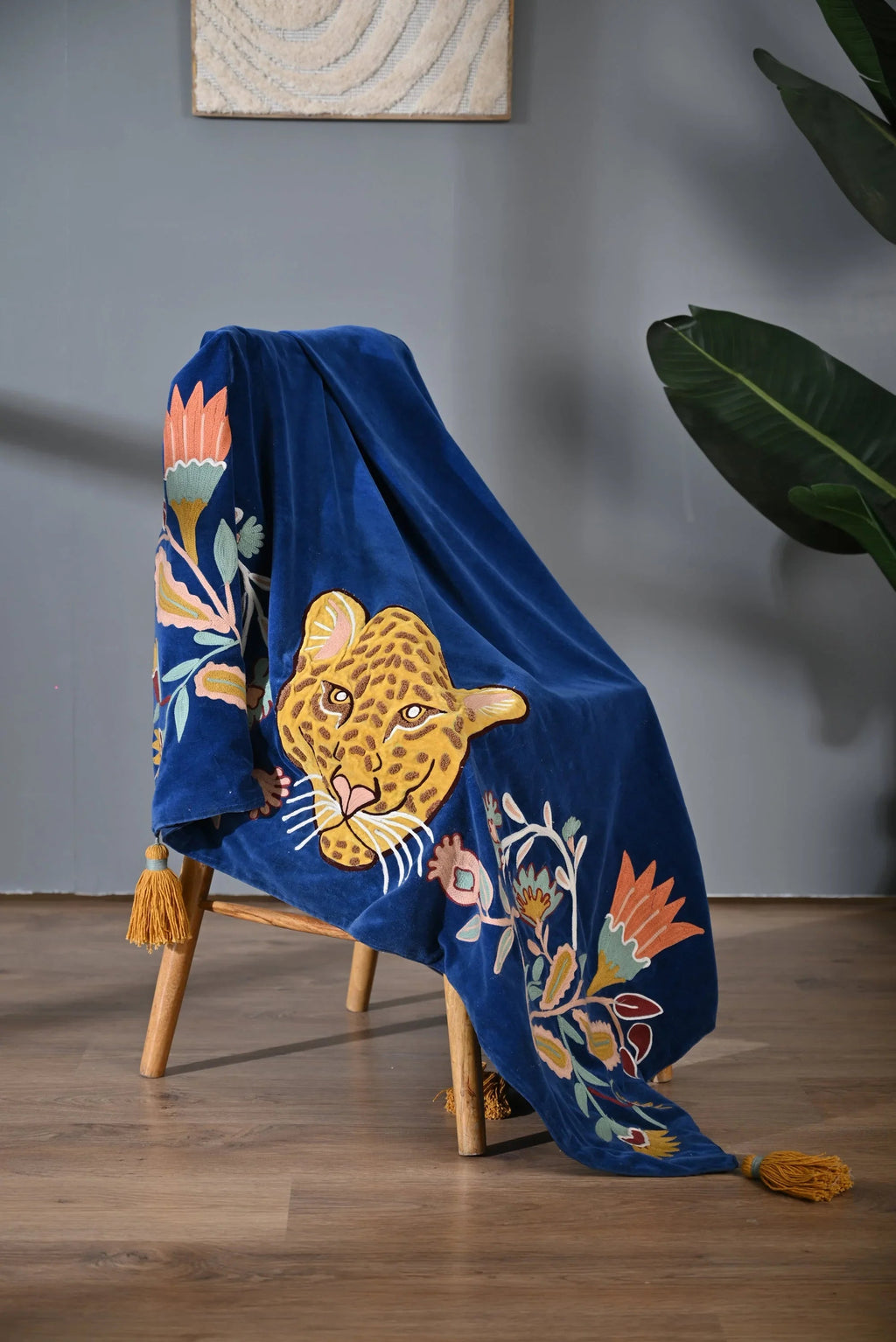 Blue Color Animal Embroidery Throw - SanskrutiHomes 