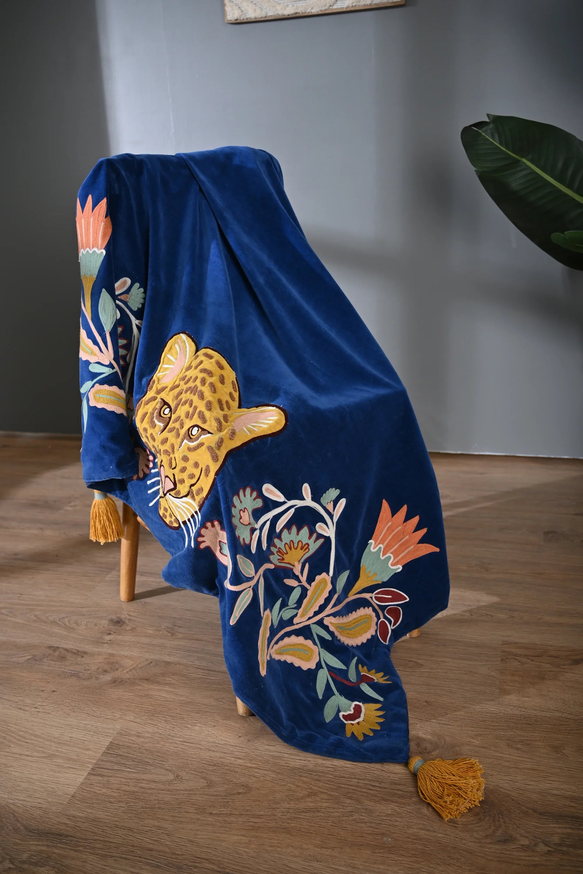 Blue Color Animal Embroidery Throw - SanskrutiHomes 