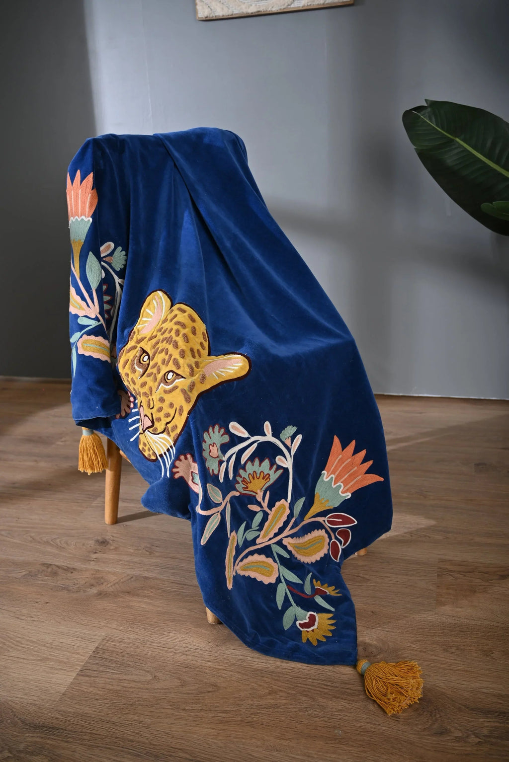 Blue Color Animal Embroidery Throw - SanskrutiHomes 