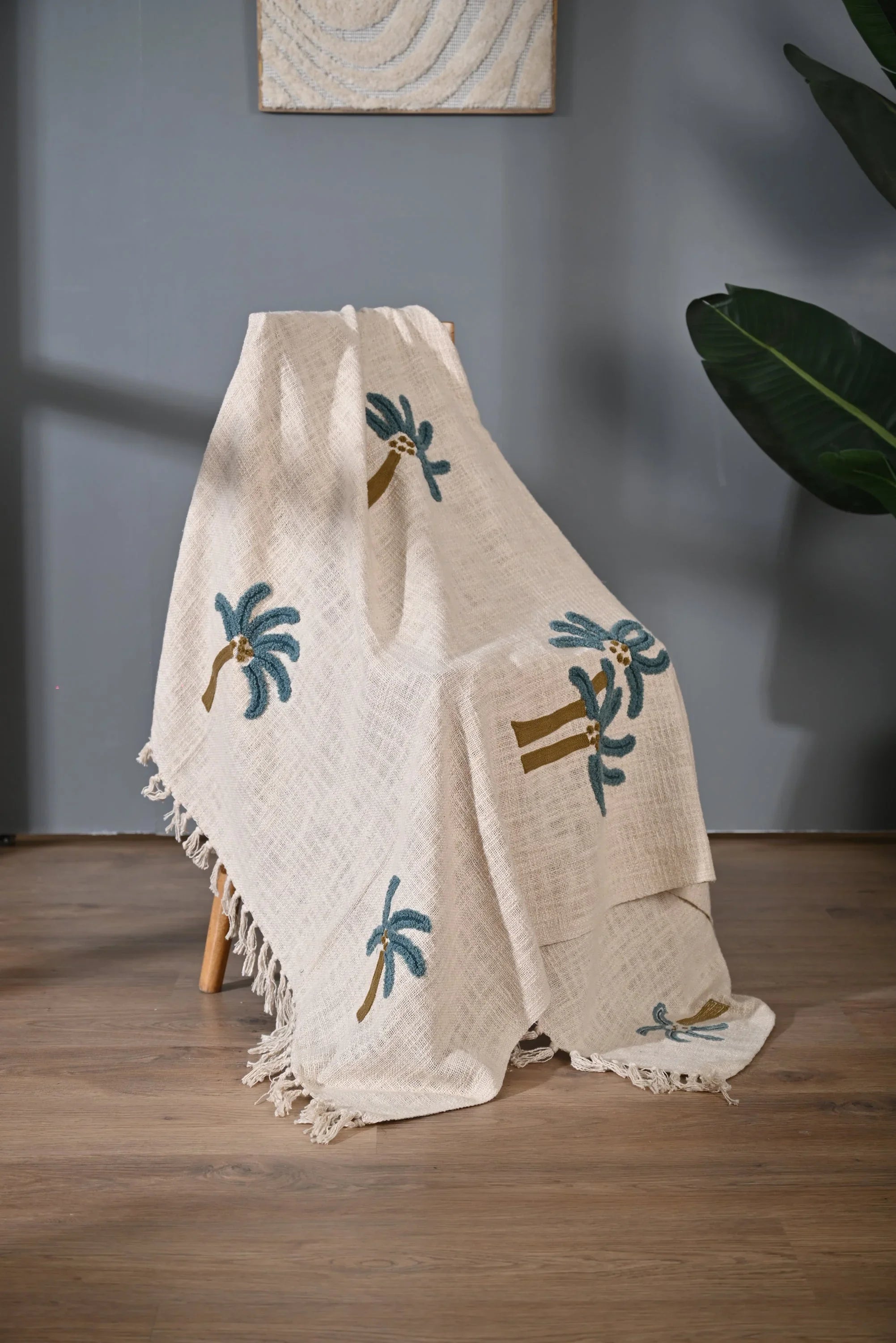 Beige Color Tree Embroidery and Tassel Throw - SanskrutiHomes 