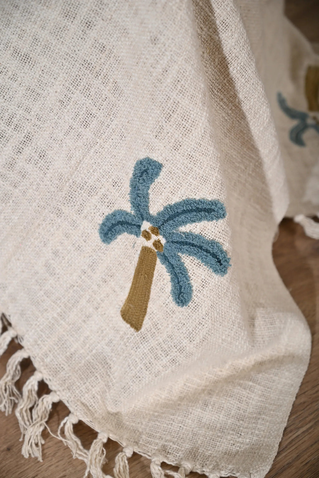 Beige Color Tree Embroidery and Tassel Throw - SanskrutiHomes 