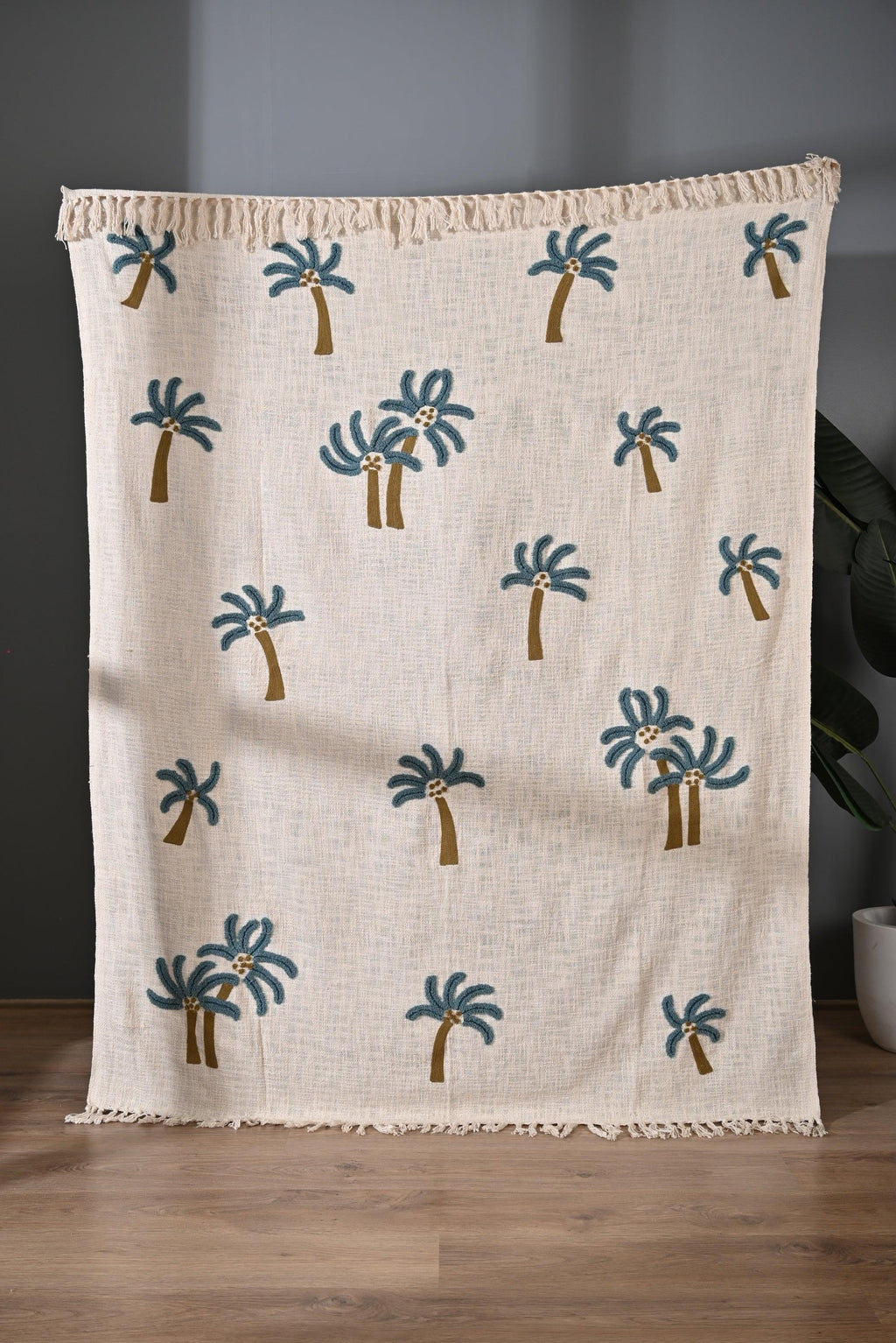 Beige Color Tree Embroidery and Tassel Throw - SanskrutiHomes 