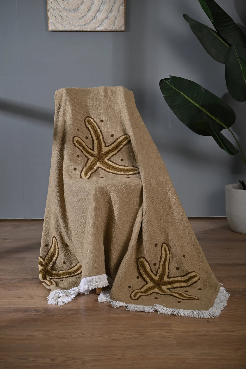 Beige Cotton Throw with Starfish Embroidery and Tassel Edges - SanskrutiHomes 