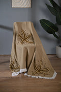 Beige Cotton Throw with Starfish Embroidery and Tassel Edges - SanskrutiHomes 