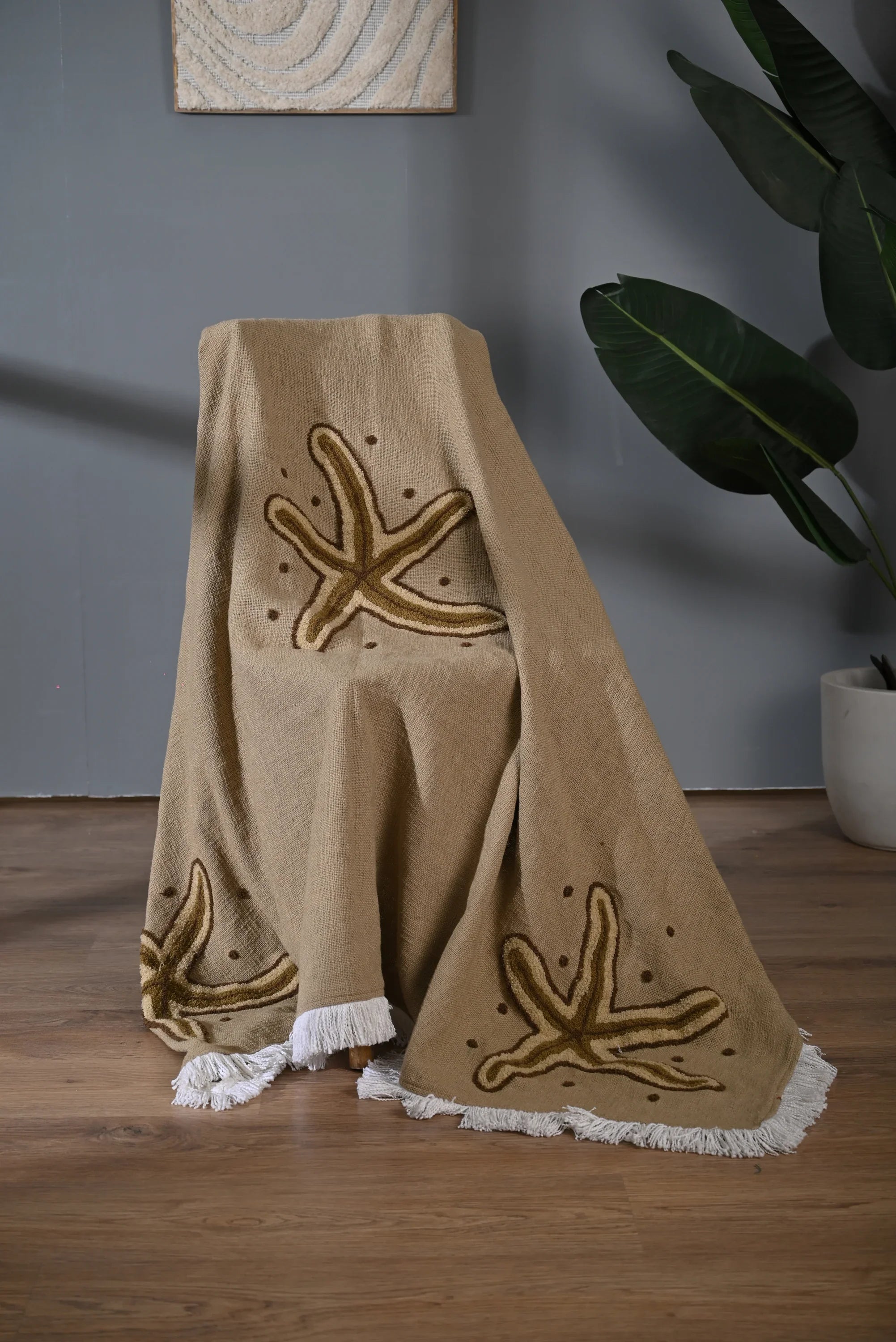 Beige Cotton Throw with Starfish Embroidery and Tassel Edges - SanskrutiHomes 