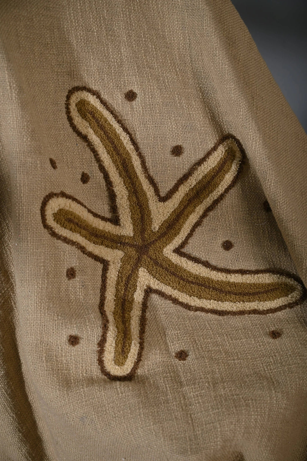 Beige Cotton Throw with Starfish Embroidery and Tassel Edges - SanskrutiHomes 