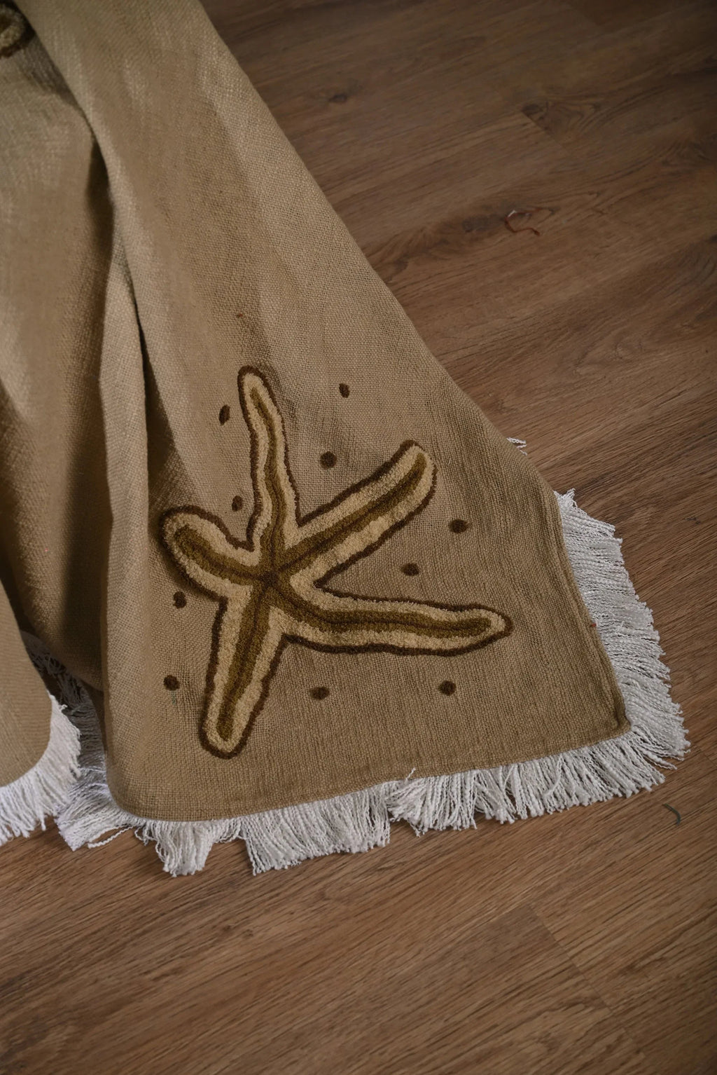 Beige Cotton Throw with Starfish Embroidery and Tassel Edges - SanskrutiHomes 