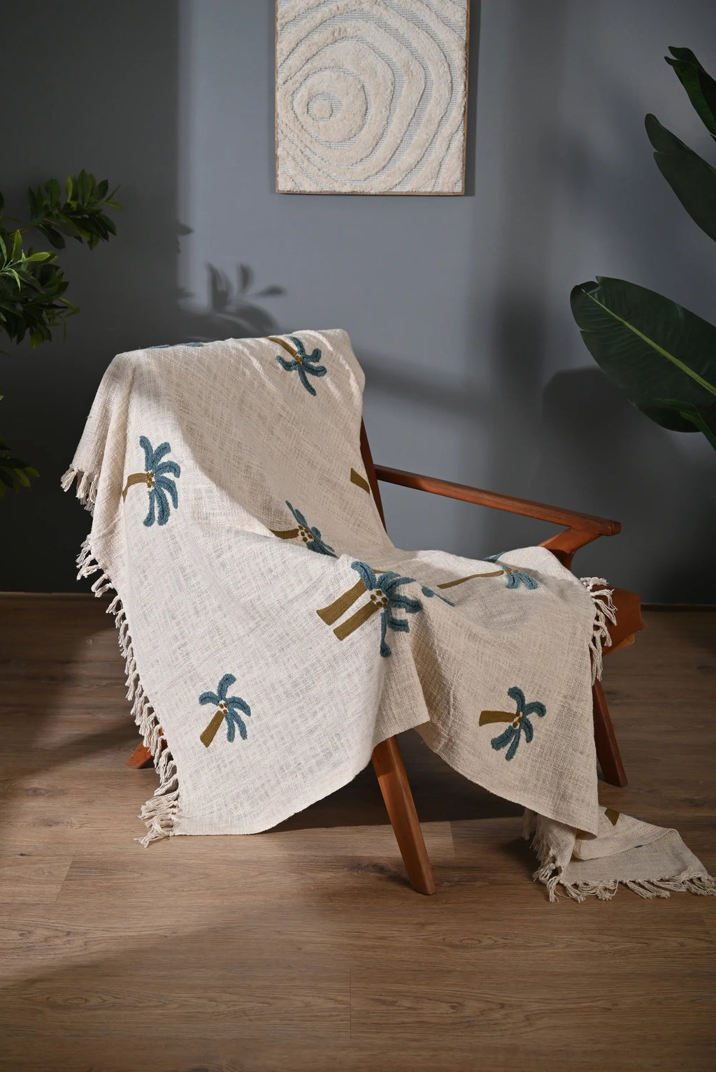 Beige Color Tree Embroidery and Tassel Throw - SanskrutiHomes 