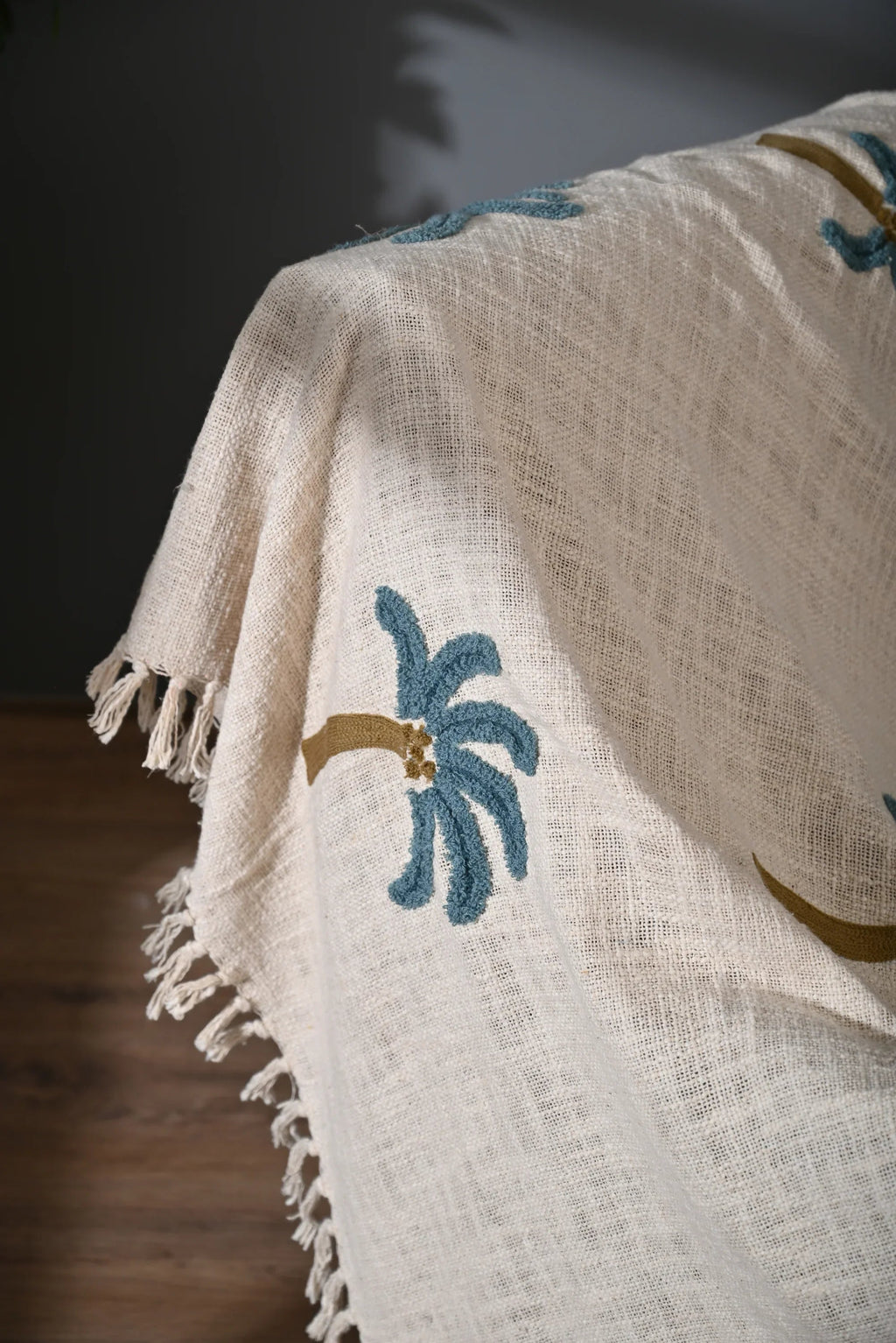 Beige Color Tree Embroidery and Tassel Throw - SanskrutiHomes 