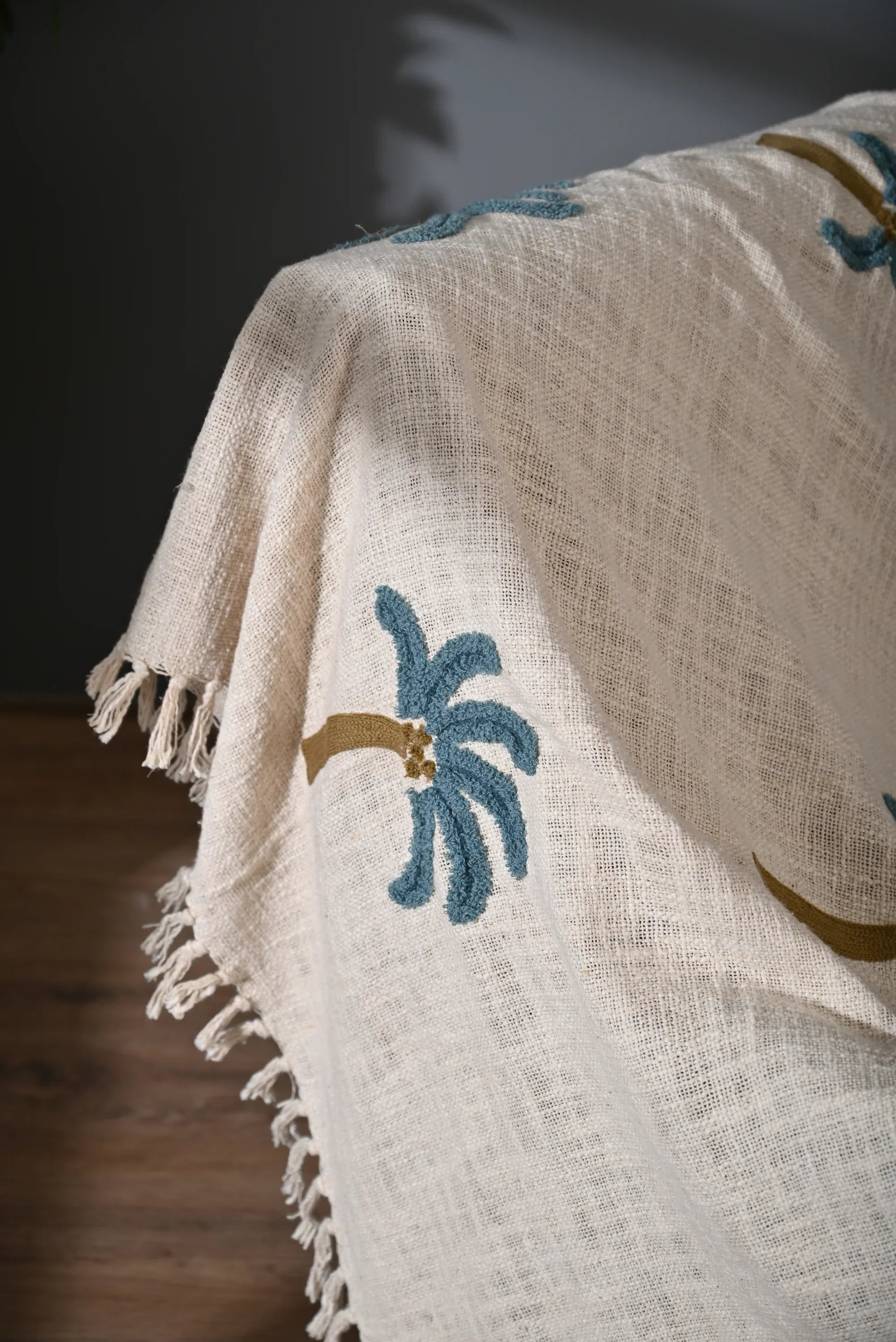 Beige Color Tree Embroidery and Tassel Throw - SanskrutiHomes 