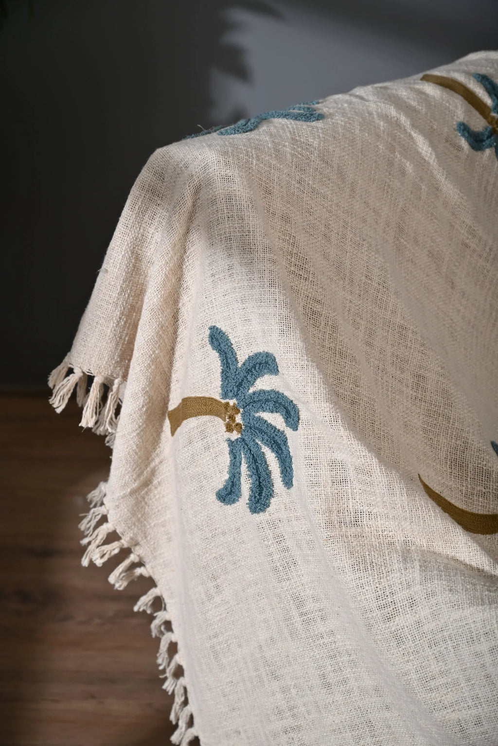 Beige Color Tree Embroidery and Tassel Throw - SanskrutiHomes 