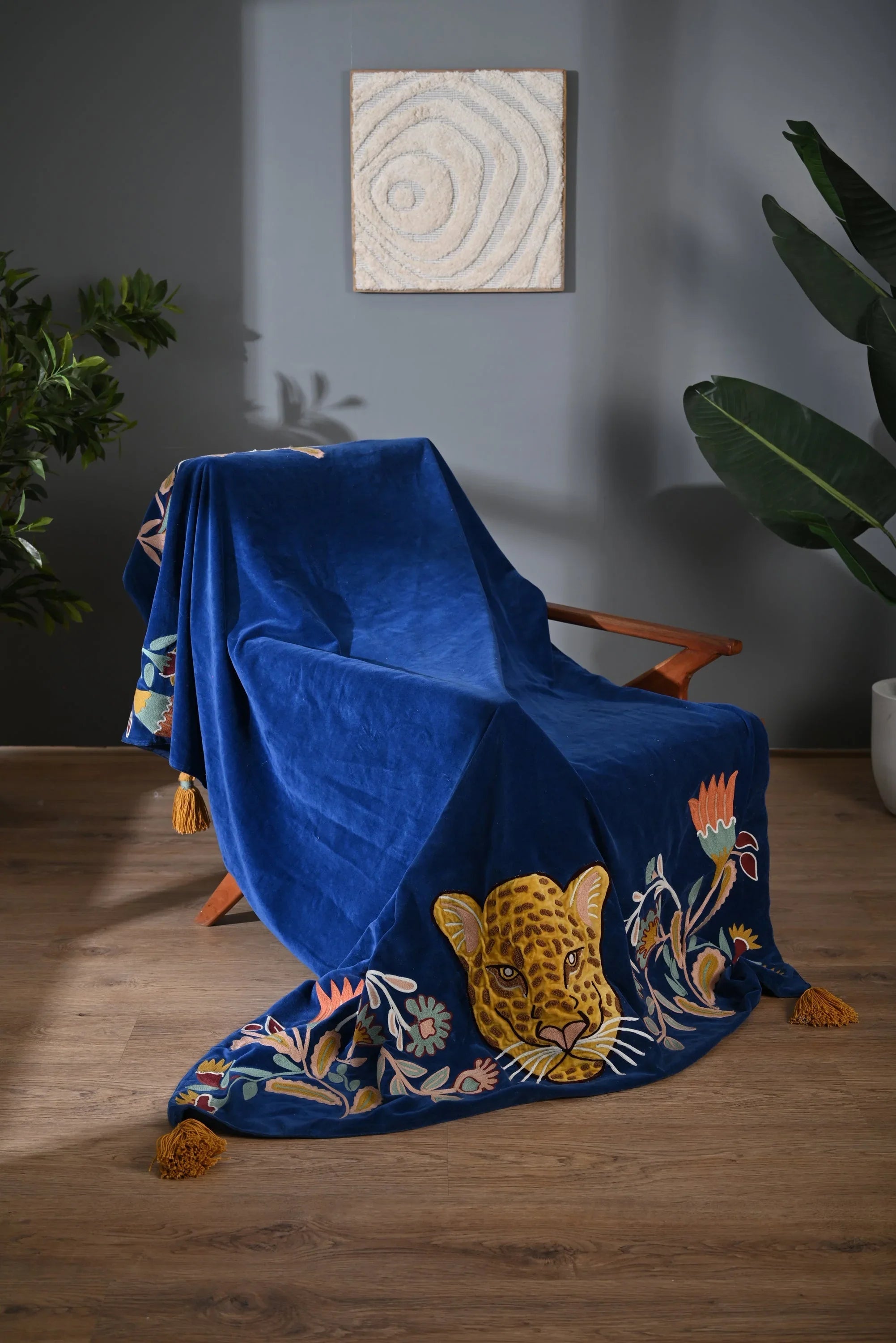Blue Color Animal Embroidery Throw - SanskrutiHomes 