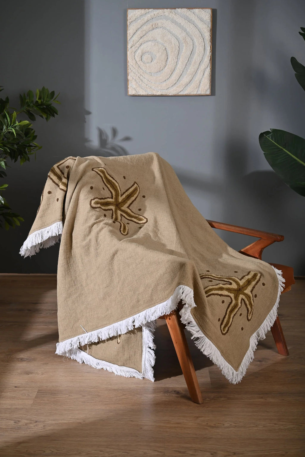 Beige Cotton Throw with Starfish Embroidery and Tassel Edges - SanskrutiHomes 