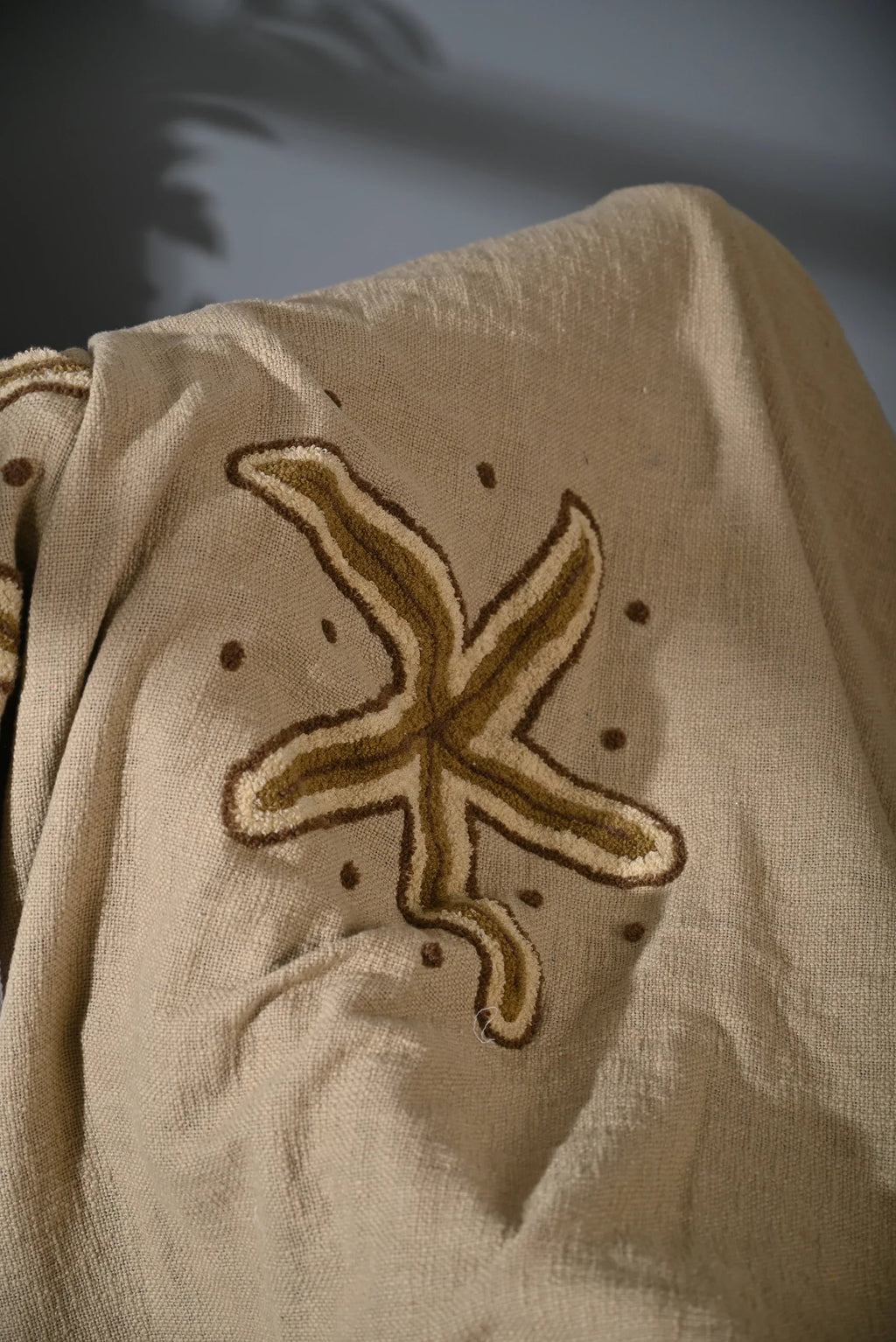 Beige Cotton Throw with Starfish Embroidery and Tassel Edges - SanskrutiHomes 