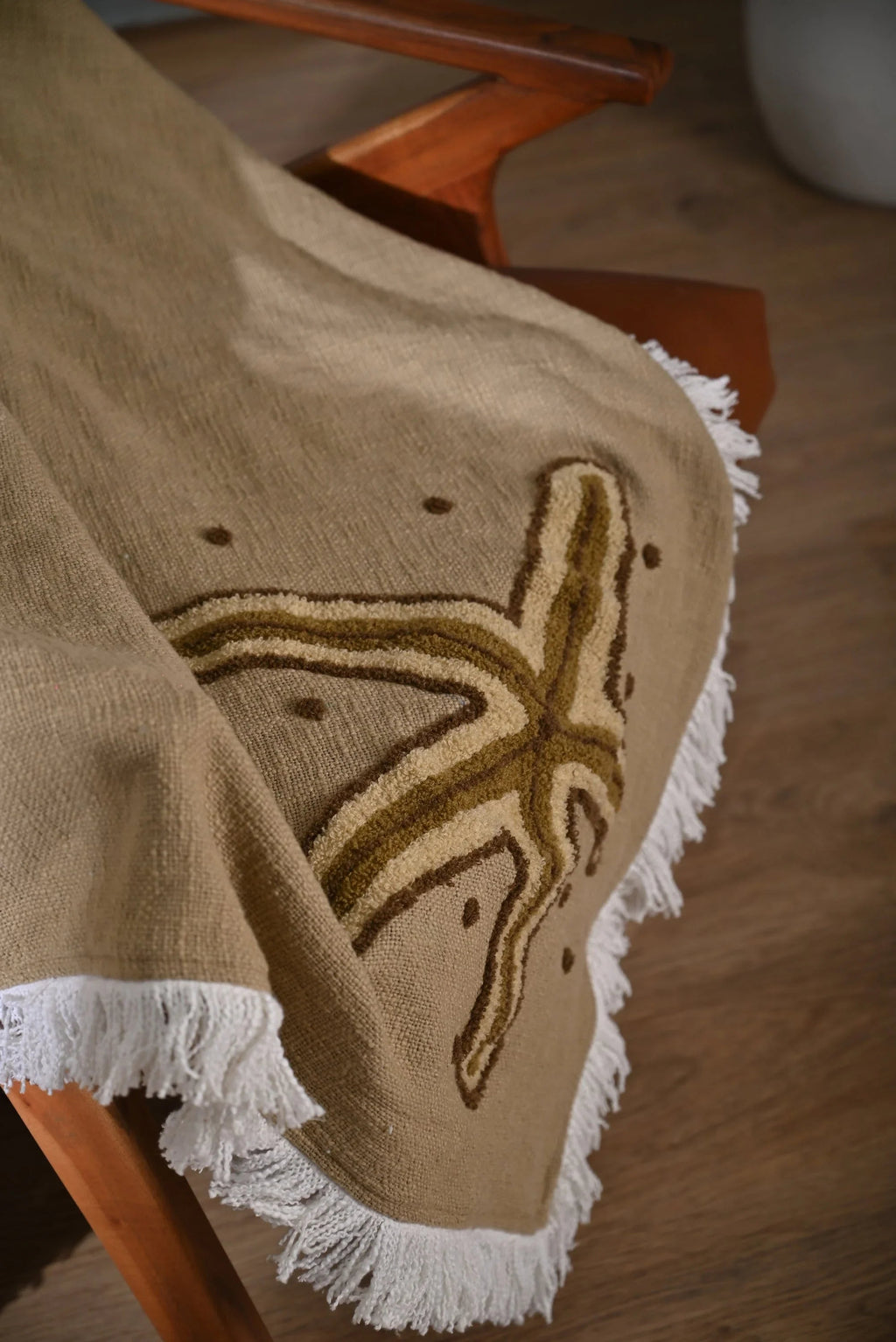 Beige Cotton Throw with Starfish Embroidery and Tassel Edges - SanskrutiHomes 