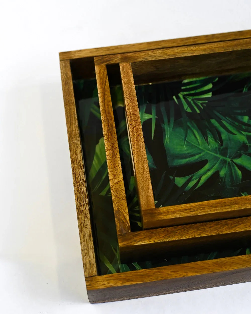 PRINTED RECTANGLE TRAY SET OF 3 WITH WOODEN BASE NOT MDF BASED - SanskrutiHomes 