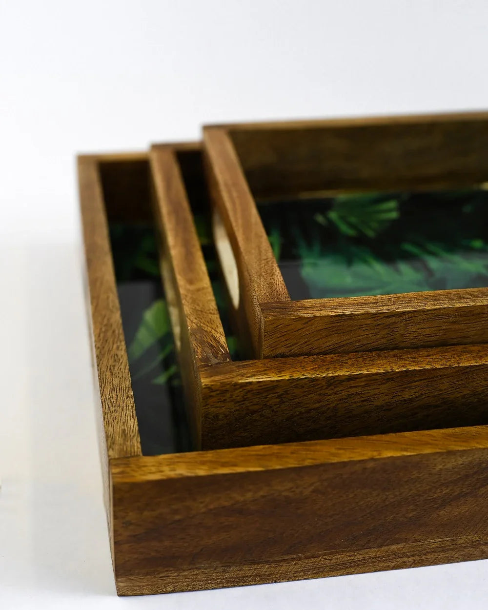 PRINTED RECTANGLE TRAY SET OF 3 WITH WOODEN BASE NOT MDF BASED - SanskrutiHomes 
