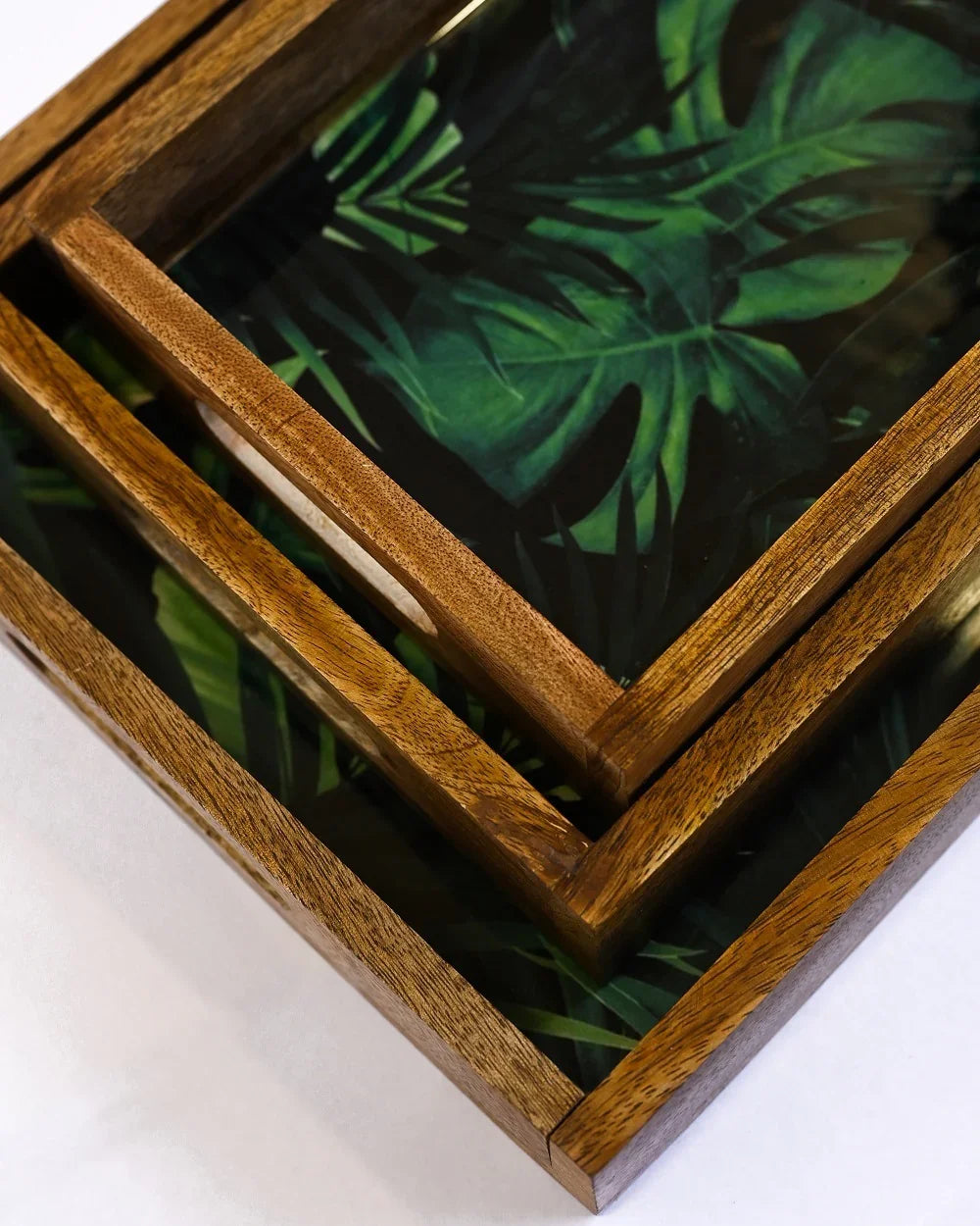 PRINTED RECTANGLE TRAY SET OF 3 WITH WOODEN BASE NOT MDF BASED - SanskrutiHomes 