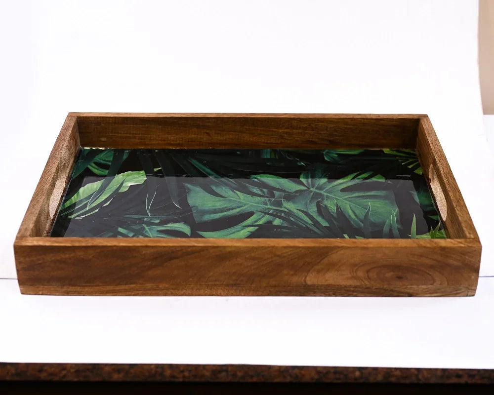 PRINTED RECTANGLE TRAY SET OF 3 WITH WOODEN BASE NOT MDF BASED - SanskrutiHomes 