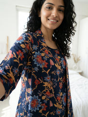 Navy Blue Round Neck Floral Print Three Piece Cotton Night Suit Set For Women