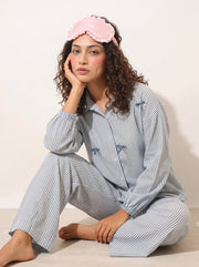 Blue Shirt Collar Striped Print Pure Cotton Night Suit For Women