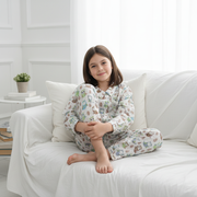 White Abstract Printed Pure Cotton Shirt Collar Night Suit For Kids
