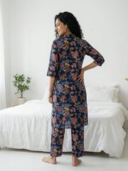 Navy Blue Round Neck Floral Print Three Piece Cotton Night Suit Set For Women