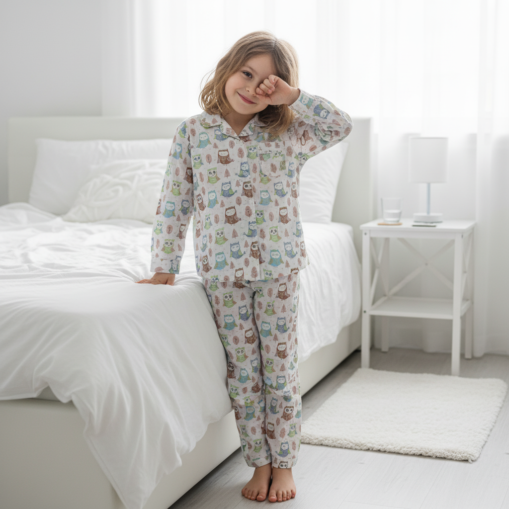 White Abstract Printed Pure Cotton Shirt Collar Night Suit For Kids