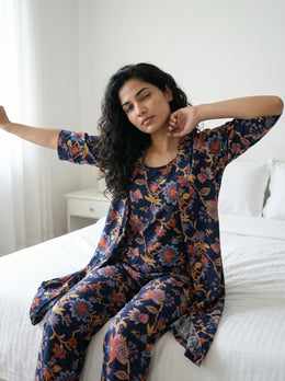 Navy Blue Round Neck Floral Print Three Piece Cotton Night Suit Set For Women