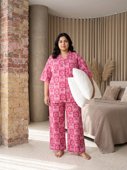 Pink Sun and Palm Tree Printed Shirt Collar Plus Size Cotton Night Suit For Women