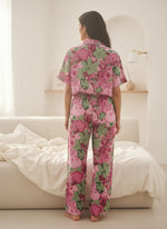 Pink Floral Lapel Collar Printed Pure Cotton Night Suit - SanskrutiHomes 