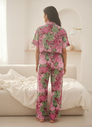 Pink Floral Lapel Collar Printed Pure Cotton Night Suit - SanskrutiHomes 