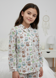 White Abstract Printed Pure Cotton Shirt Collar Night Suit For Kids