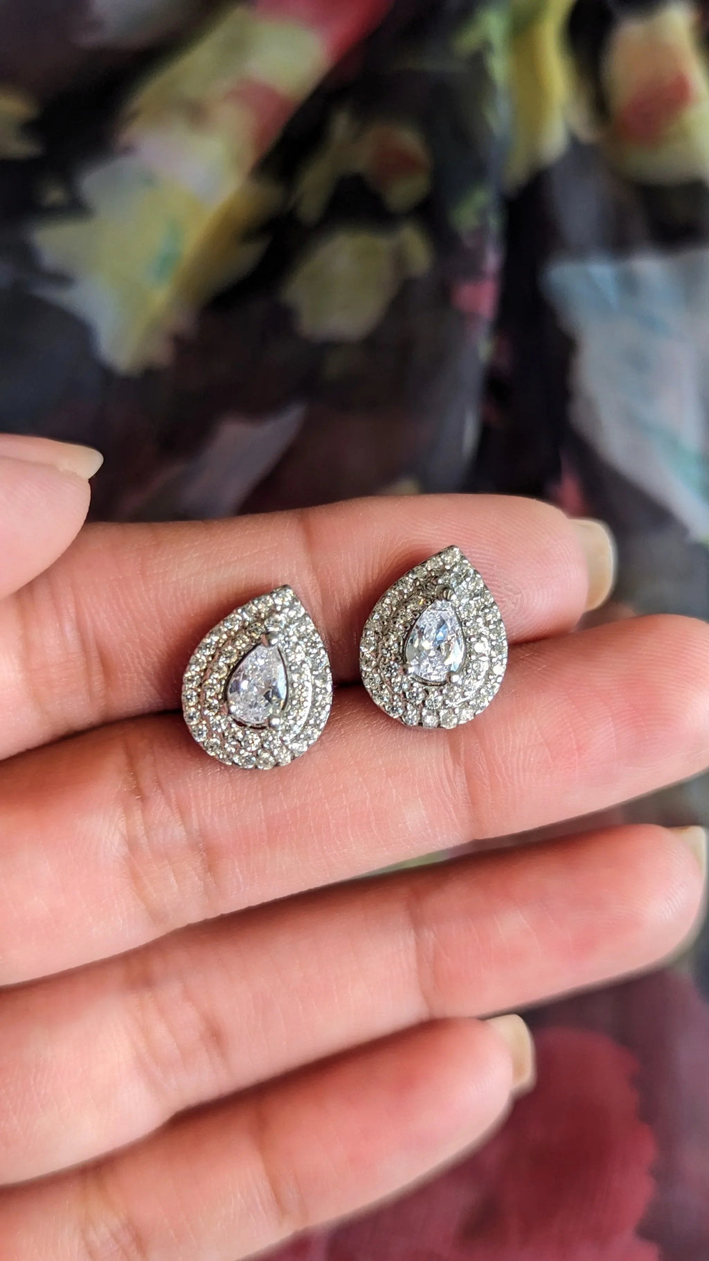 Pear Solitaire studded with small zircons Sterling Silver Stud Earrings - SanskrutiHomes 