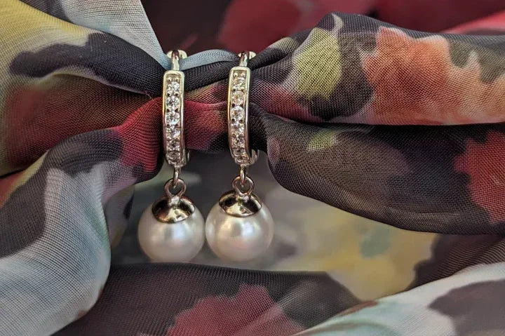 Silver Shining Pearl Drop Earrings with small zircons - SanskrutiHomes 