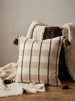 Brown Checked Cotton Square Cushion Cover With Tassel Detailing