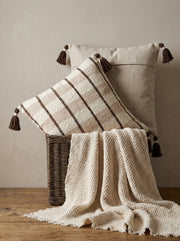 Brown Checked Cotton Square Cushion Cover With Tassel Detailing