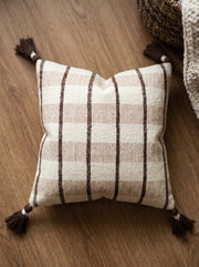 Brown Checked Cotton Square Cushion Cover With Tassel Detailing