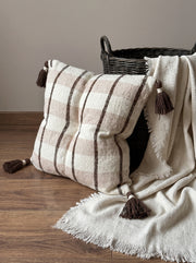 Brown Checked Cotton Square Cushion Cover With Tassel Detailing