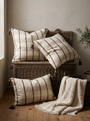 Brown Checked Cotton Square Cushion Cover With Tassel Detailing