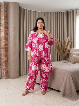 Pink Tropical Leaf Open Front Cotton 3-Piece Plus Size Night Suit For Women